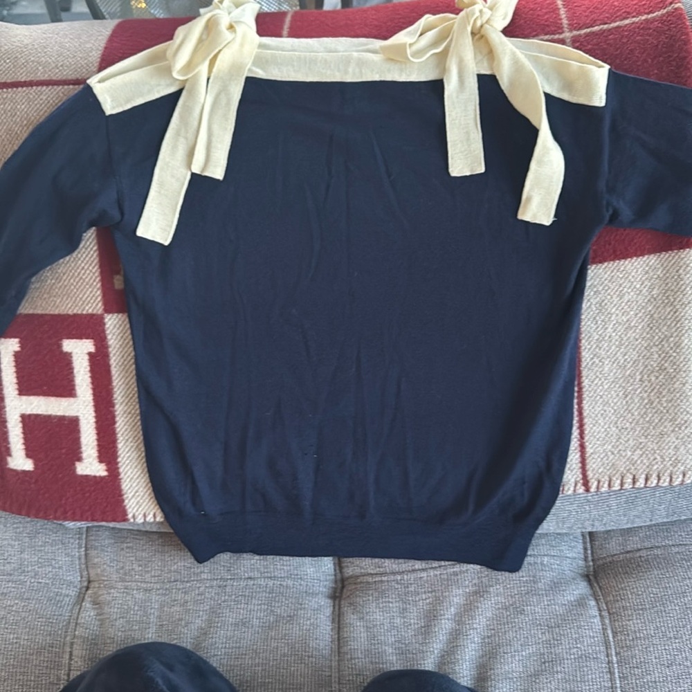 J. Crew Blue and Cream Off-the-Shoulder Sweater with Ribbon Bows